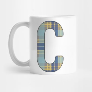 Monogram Letter C, Blue, Yellow and Grey Scottish Tartan Style Typography Design Mug